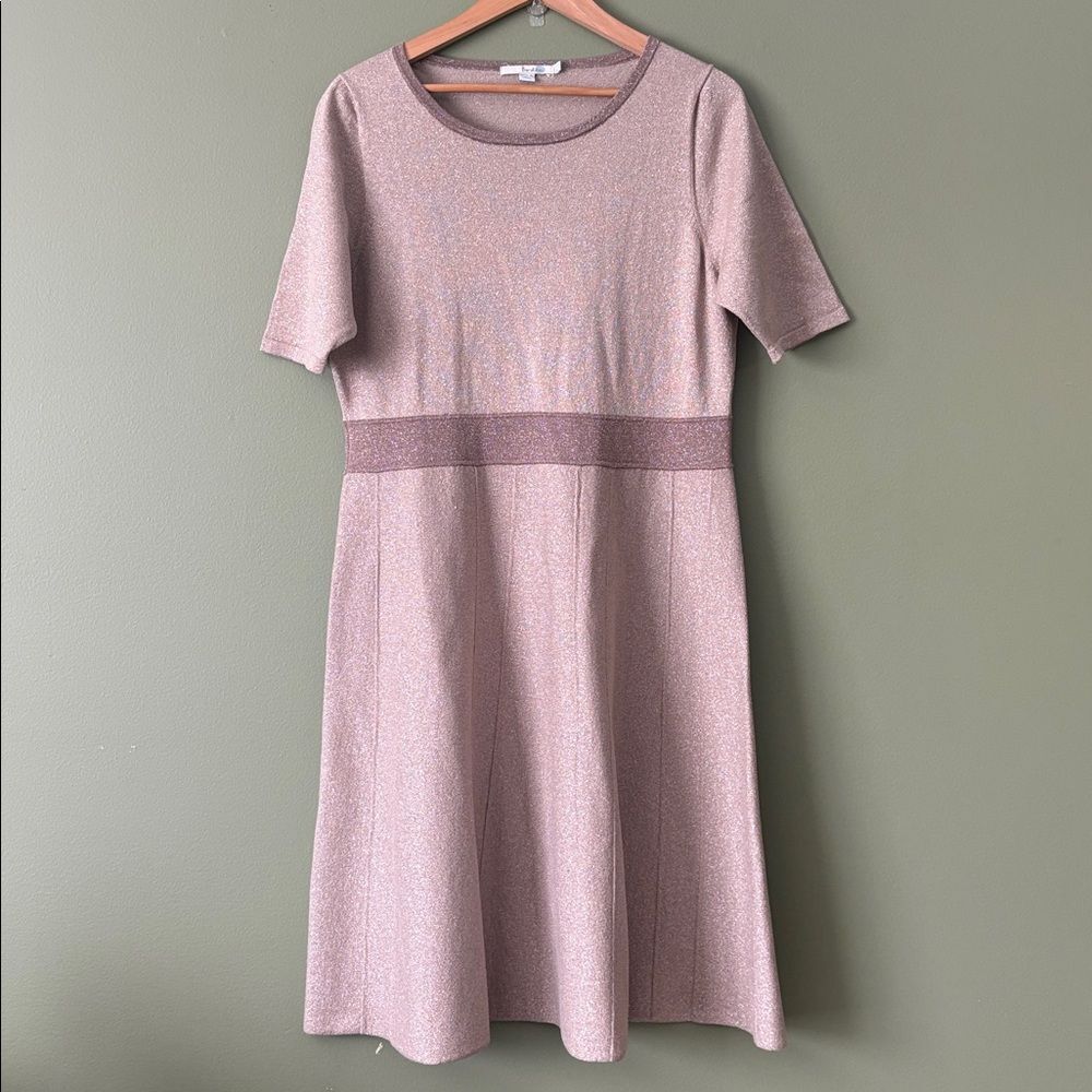Boden Milano Shimmer Knit Tan Sparkle Short Sleeve Fit Flare Midi Dress Sz 16L - Picture 3 of 9